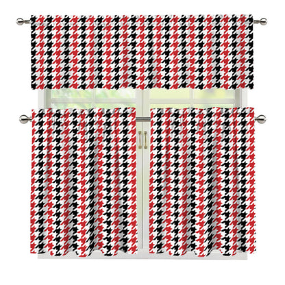 Red Black And White Houndstooth Print 3 Piece Kitchen Curtains