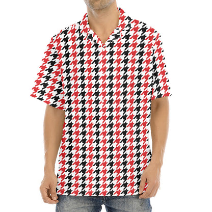 Red Black And White Houndstooth Print Aloha Shirt
