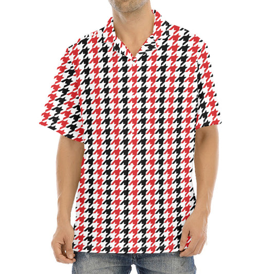Red Black And White Houndstooth Print Aloha Shirt