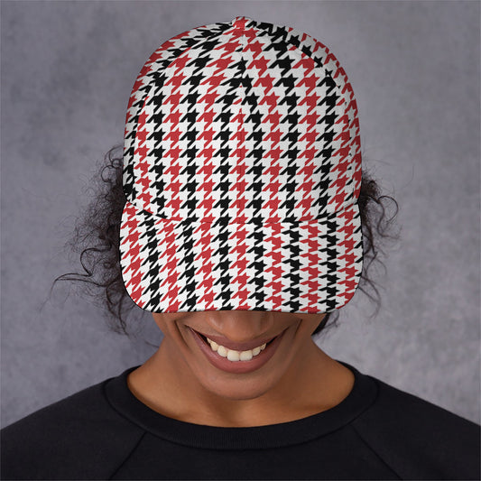 Red Black And White Houndstooth Print Baseball Cap