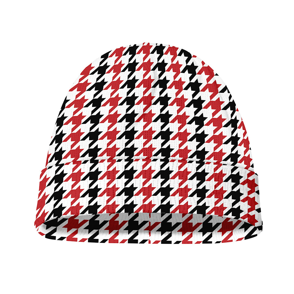 Red Black And White Houndstooth Print Beanie