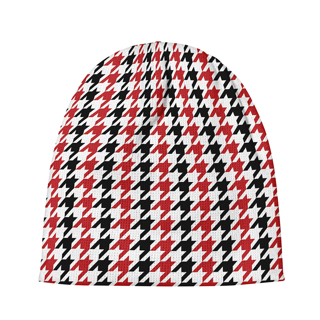 Red Black And White Houndstooth Print Beanie