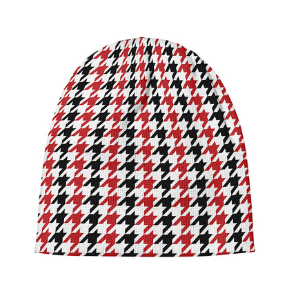 Red Black And White Houndstooth Print Beanie