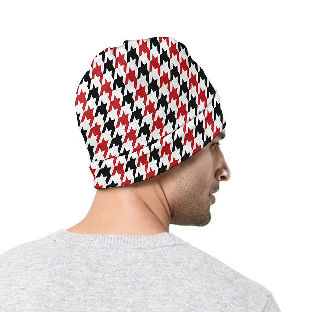 Red Black And White Houndstooth Print Beanie