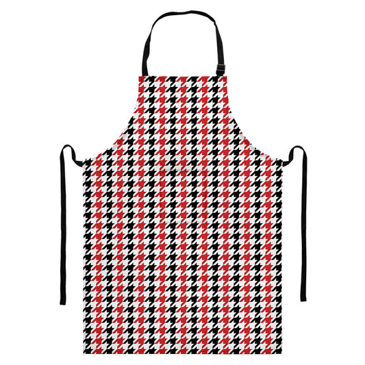 Red Black And White Houndstooth Print Bib Apron With Pocket