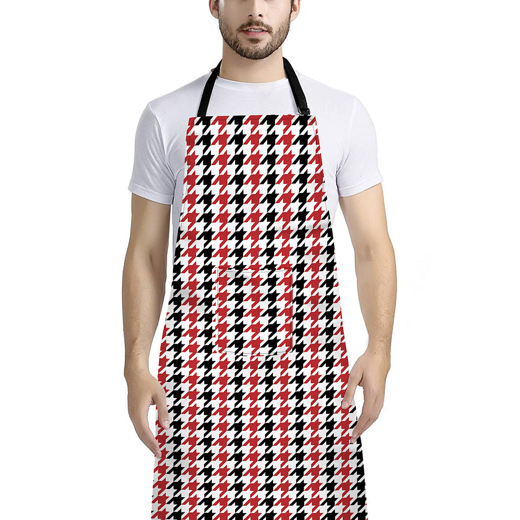 Red Black And White Houndstooth Print Bib Apron With Pocket