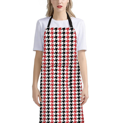 Red Black And White Houndstooth Print Bib Apron With Pocket