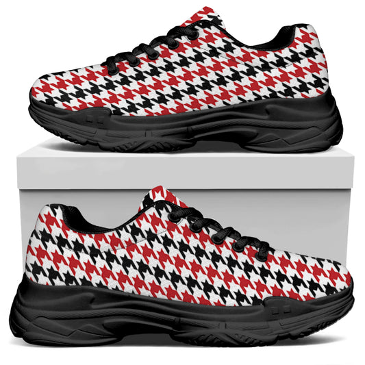 Red Black And White Houndstooth Print Black Chunky Shoes