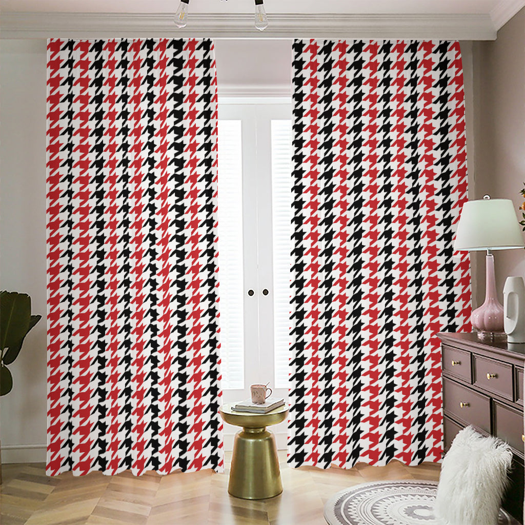 Red Black And White Houndstooth Print Blackout Pencil Pleat Curtains