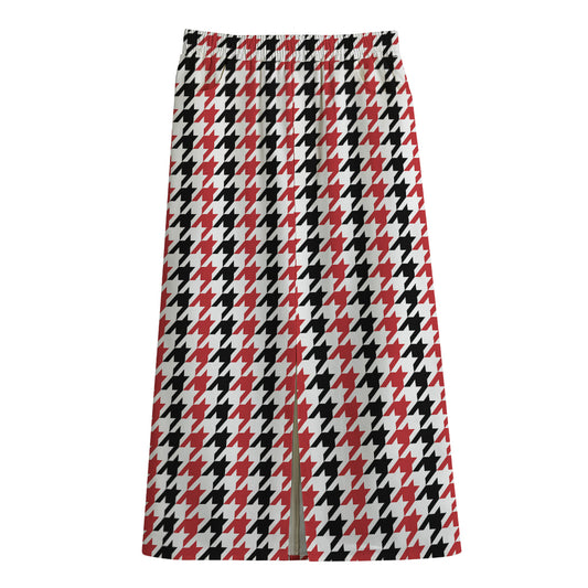 Red Black And White Houndstooth Print Cotton Front Slit Maxi Skirt