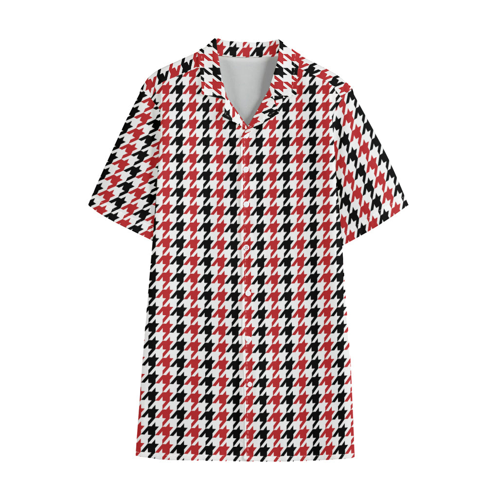 Red Black And White Houndstooth Print Cotton Hawaiian Shirt