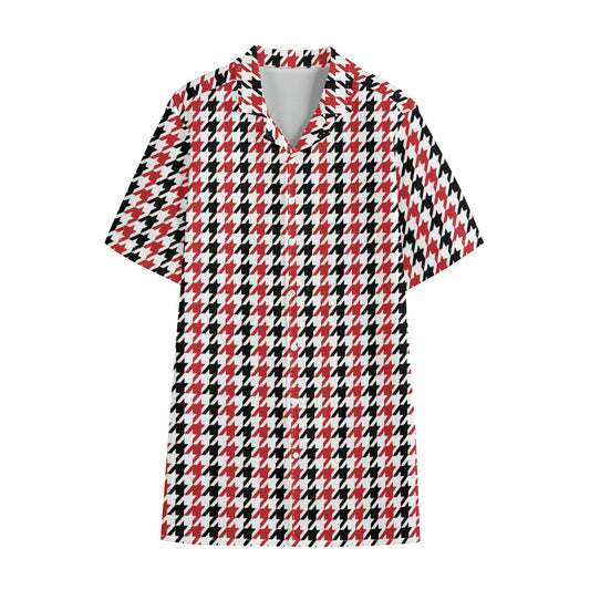 Red Black And White Houndstooth Print Cotton Hawaiian Shirt