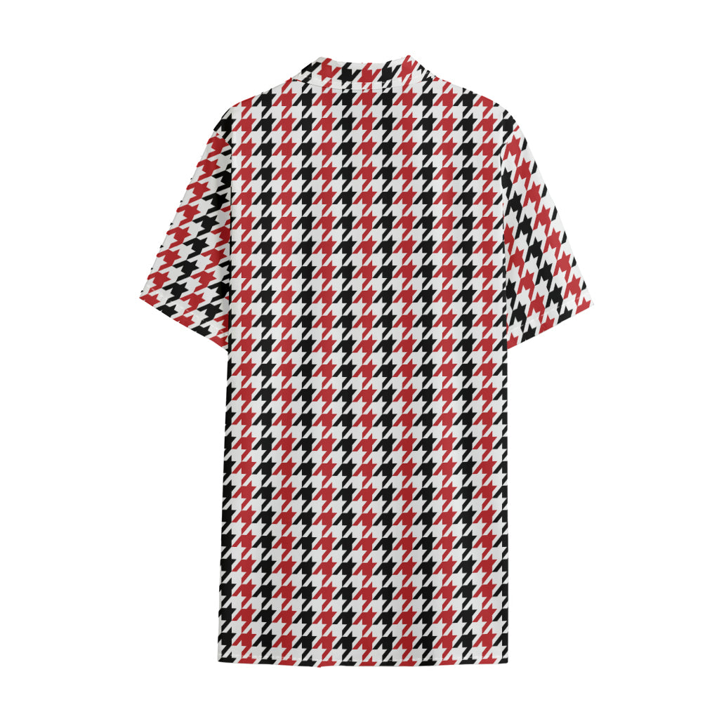 Red Black And White Houndstooth Print Cotton Hawaiian Shirt