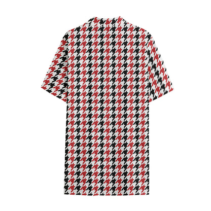 Red Black And White Houndstooth Print Cotton Hawaiian Shirt