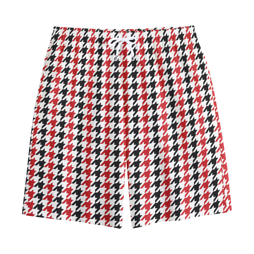 Red Black And White Houndstooth Print Cotton Shorts