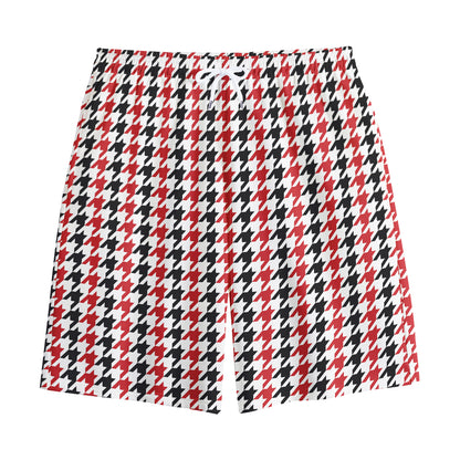 Red Black And White Houndstooth Print Cotton Shorts