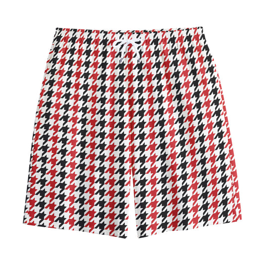 Red Black And White Houndstooth Print Cotton Shorts