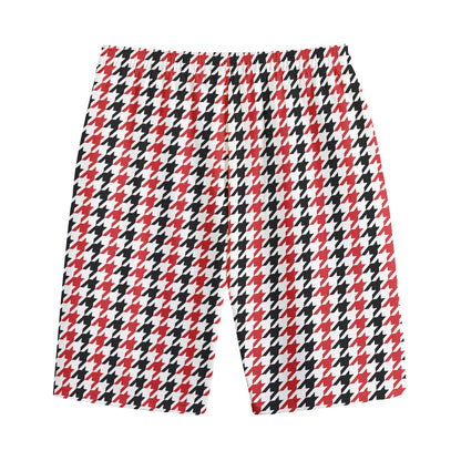 Red Black And White Houndstooth Print Cotton Shorts