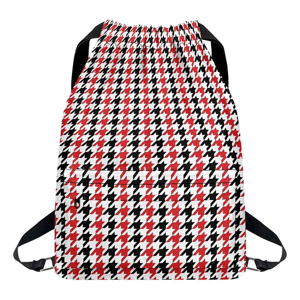 Red Black And White Houndstooth Print Drawstring Backpack
