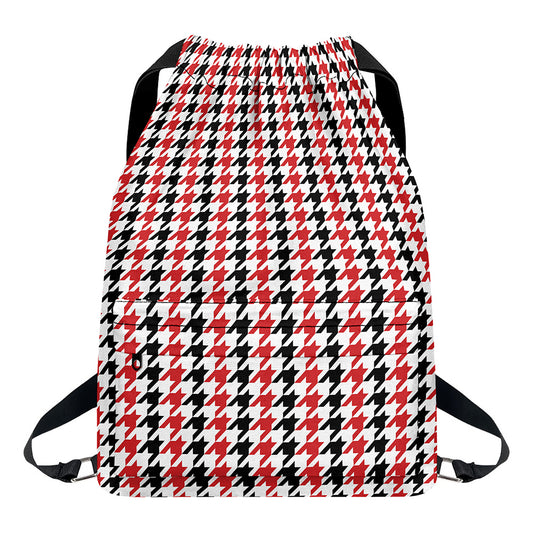 Red Black And White Houndstooth Print Drawstring Backpack