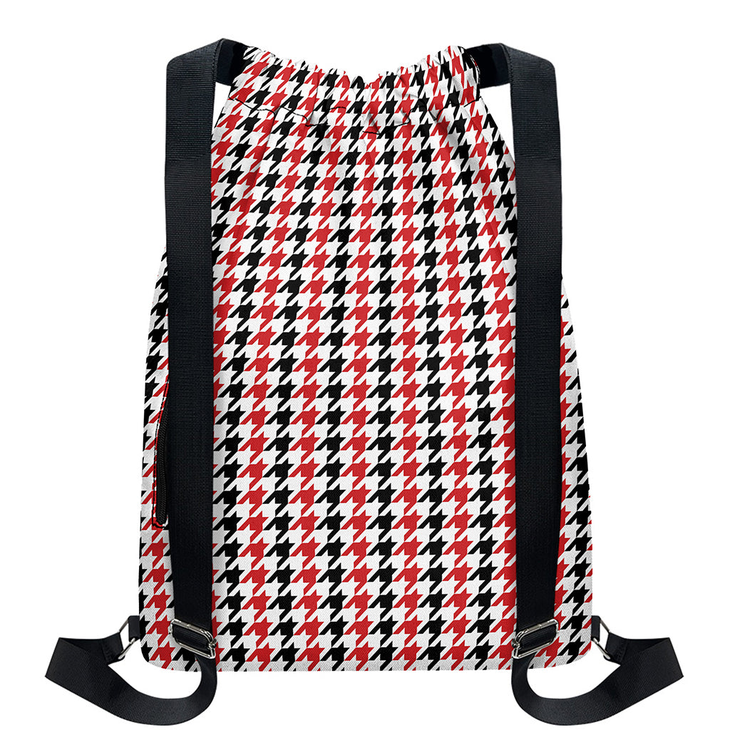 Red Black And White Houndstooth Print Drawstring Backpack