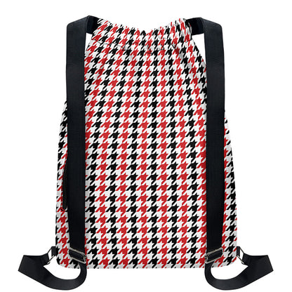 Red Black And White Houndstooth Print Drawstring Backpack