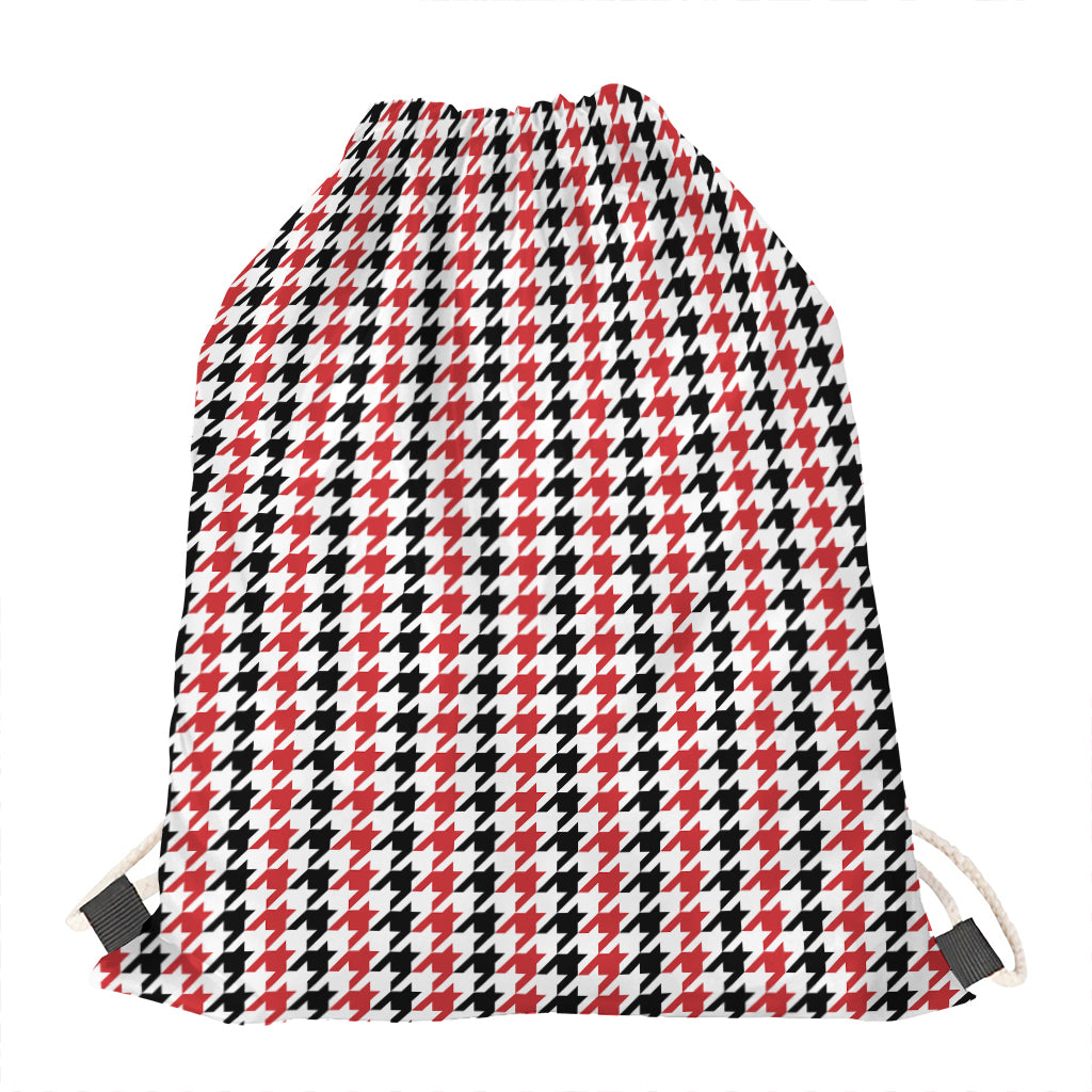 Red Black And White Houndstooth Print Drawstring Bag