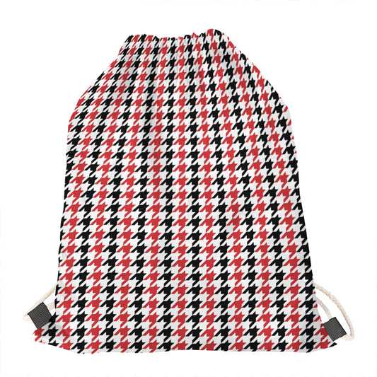Red Black And White Houndstooth Print Drawstring Bag