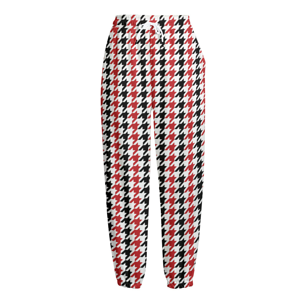 Red Black And White Houndstooth Print Fleece Lined Knit Pants