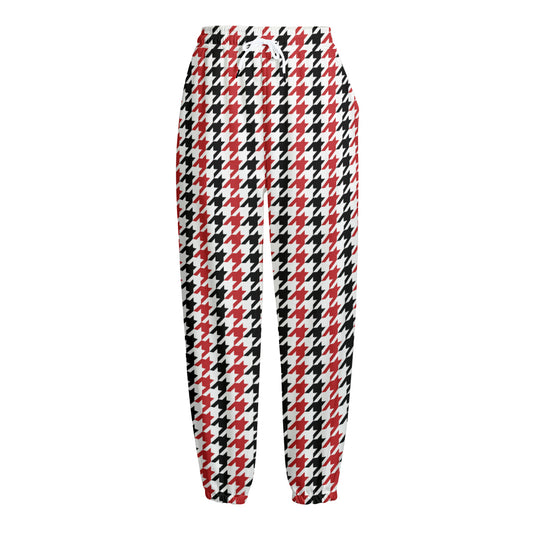 Red Black And White Houndstooth Print Fleece Lined Knit Pants