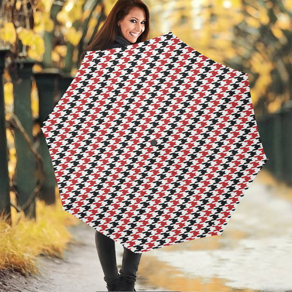 Red Black And White Houndstooth Print Foldable Umbrella