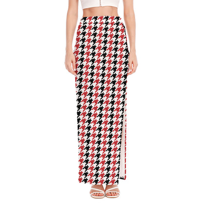 Red Black And White Houndstooth Print High Slit Maxi Skirt