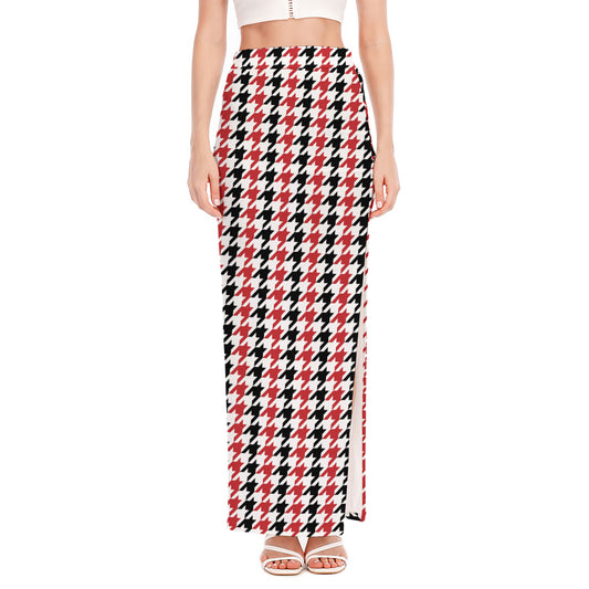 Red Black And White Houndstooth Print High Slit Maxi Skirt