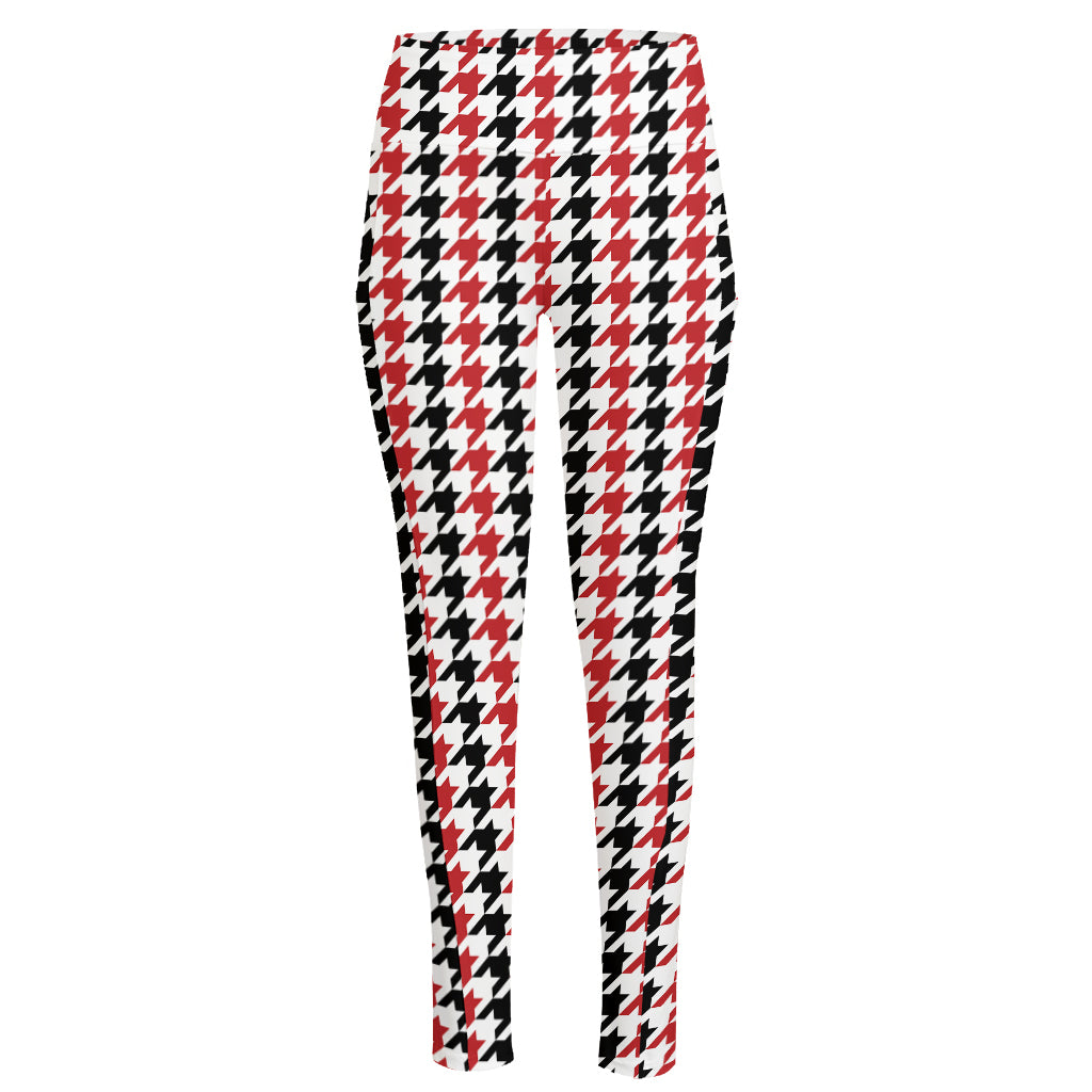 Red Black And White Houndstooth Print High-Waisted Pocket Leggings