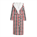 Red Black And White Houndstooth Print Hooded Bathrobe