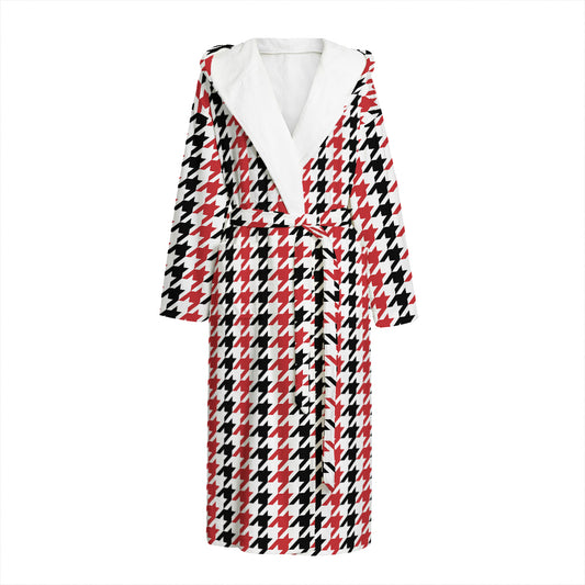 Red Black And White Houndstooth Print Hooded Bathrobe