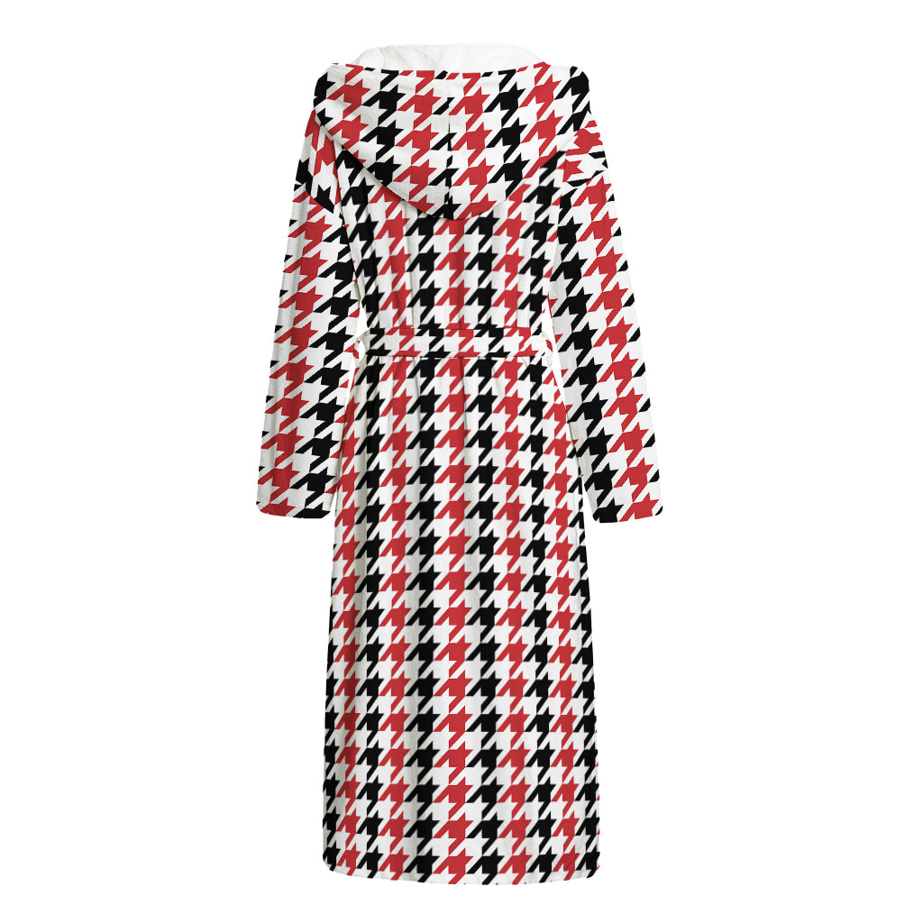 Red Black And White Houndstooth Print Hooded Bathrobe