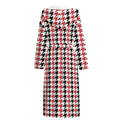 Red Black And White Houndstooth Print Hooded Bathrobe