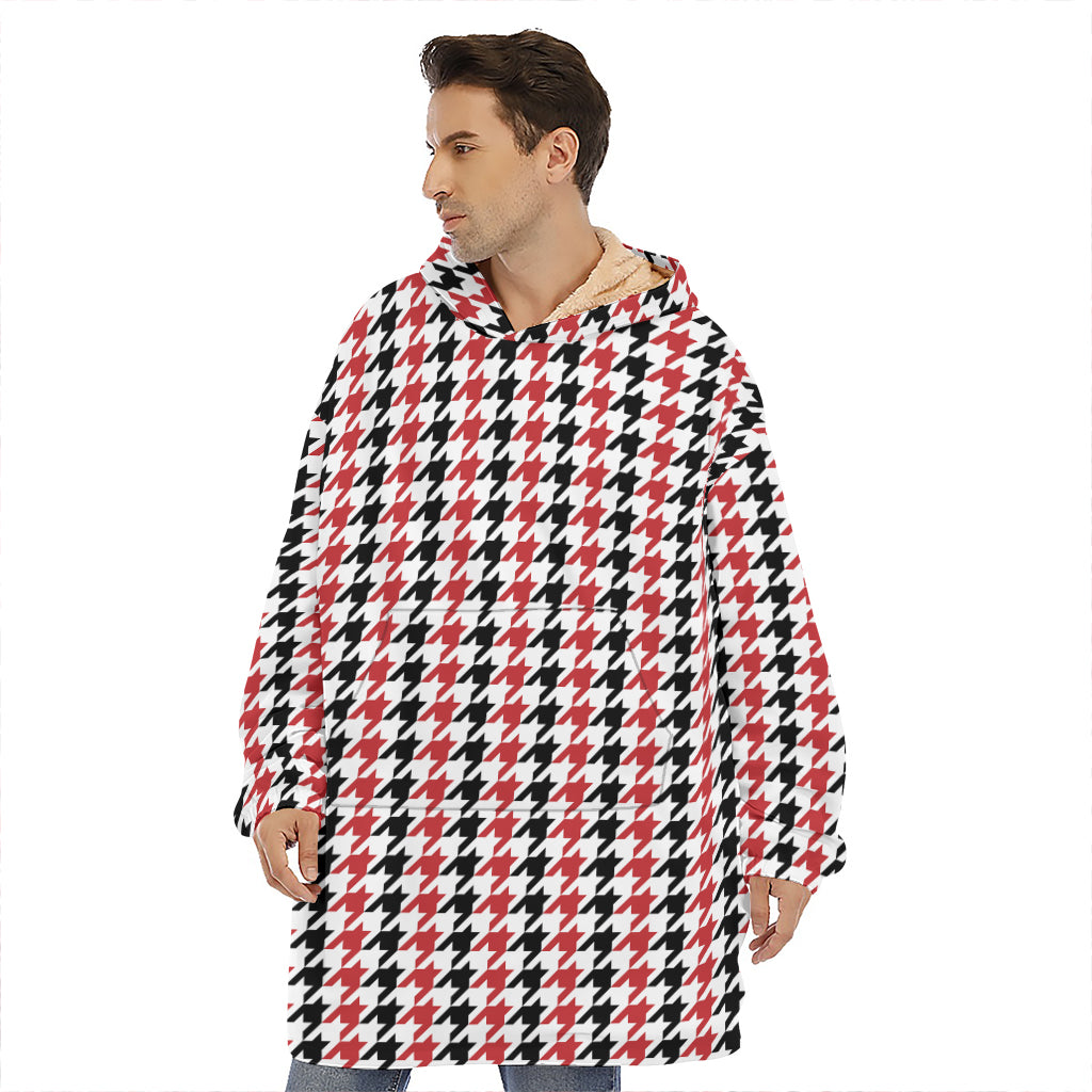 Red Black And White Houndstooth Print Hoodie Blanket