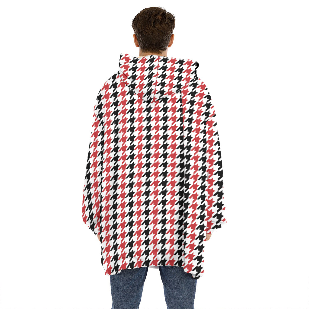 Red Black And White Houndstooth Print Hoodie Blanket