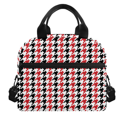 Red Black And White Houndstooth Print Insulated Lunch Bag
