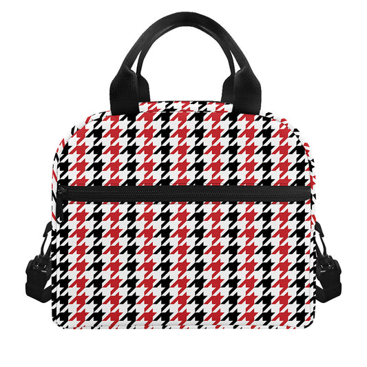 Red Black And White Houndstooth Print Insulated Lunch Bag