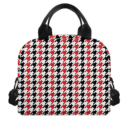 Red Black And White Houndstooth Print Insulated Lunch Bag