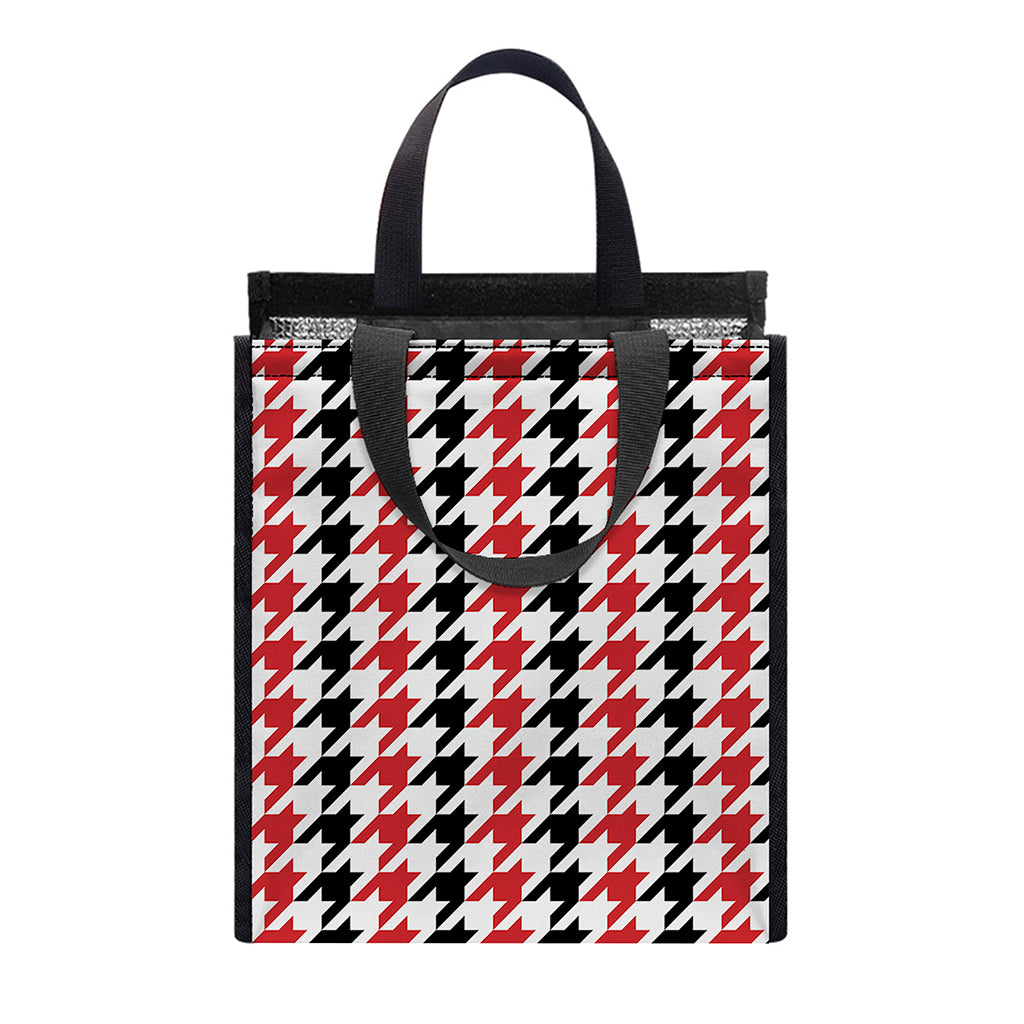 Red Black And White Houndstooth Print Insulated Lunch Tote