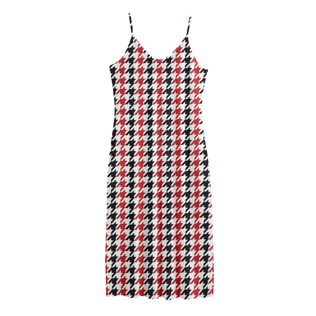 Red Black And White Houndstooth Print Jersey Midi Cami Dress