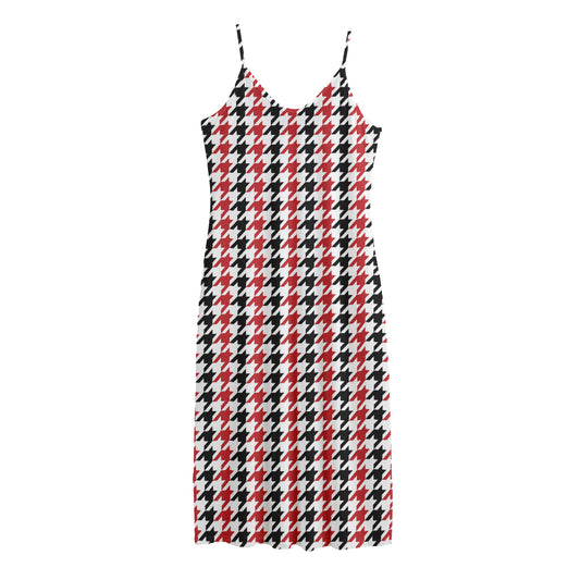 Red Black And White Houndstooth Print Jersey Midi Cami Dress