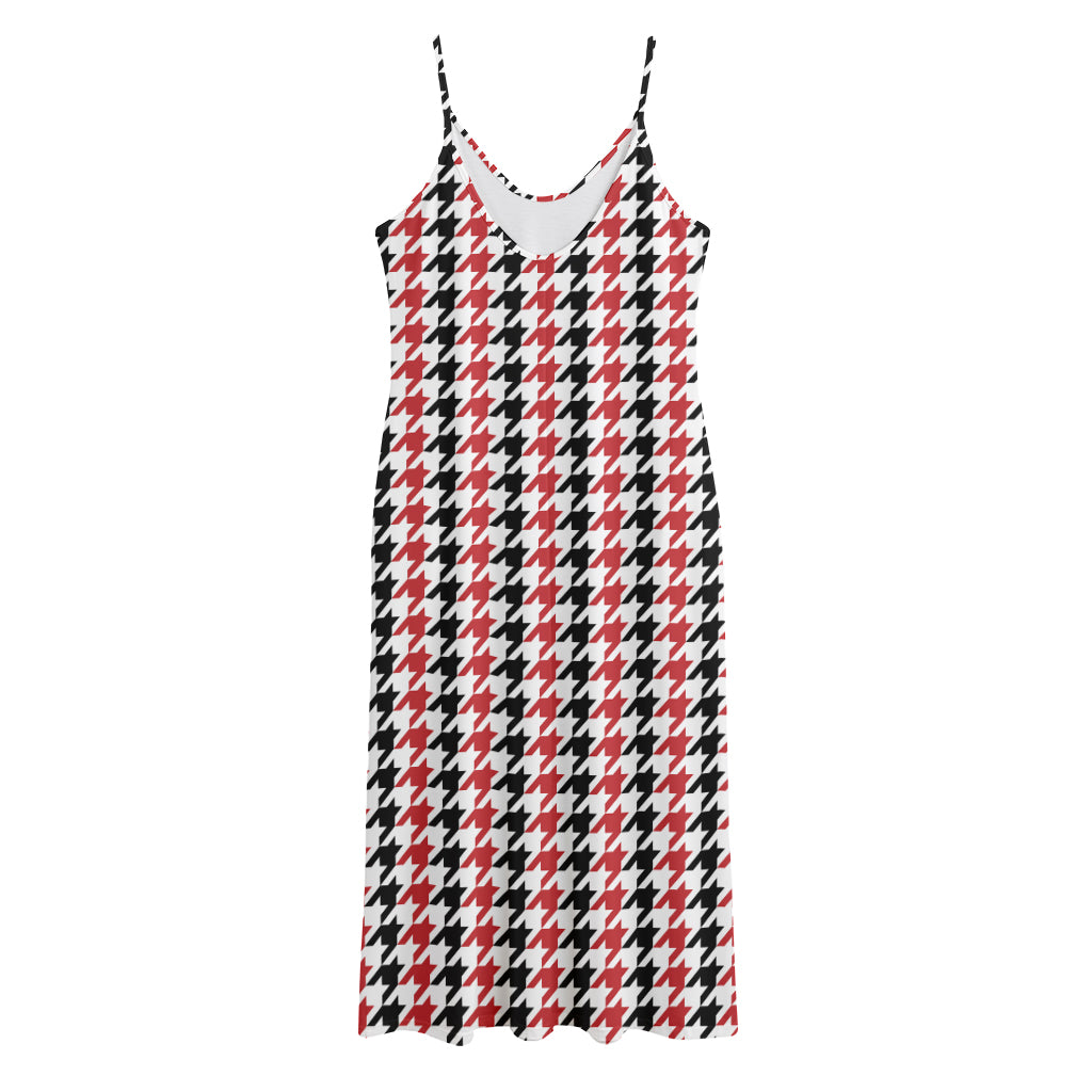 Red Black And White Houndstooth Print Jersey Midi Cami Dress