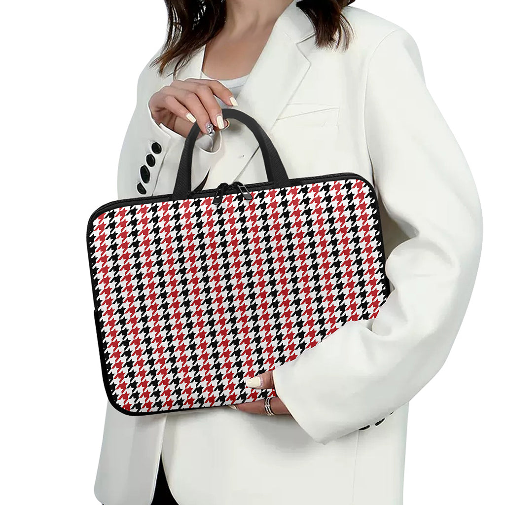 Red Black And White Houndstooth Print Laptop Sleeve With Handle