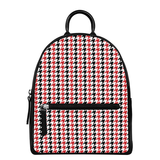 Red Black And White Houndstooth Print Leather Backpack