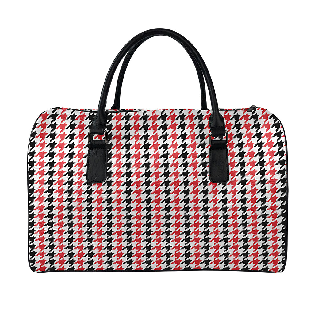 Red Black And White Houndstooth Print Leather Duffle Bag